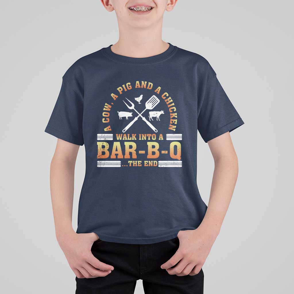 Funny BBQ Lover T Shirt For Kid A Cow A Pig And A Chicken Walk Into A Bar B Q Barbecue Pitmaster