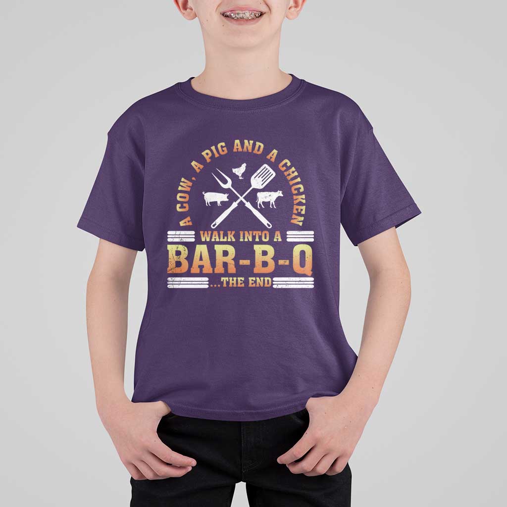 Funny BBQ Lover T Shirt For Kid A Cow A Pig And A Chicken Walk Into A Bar B Q Barbecue Pitmaster