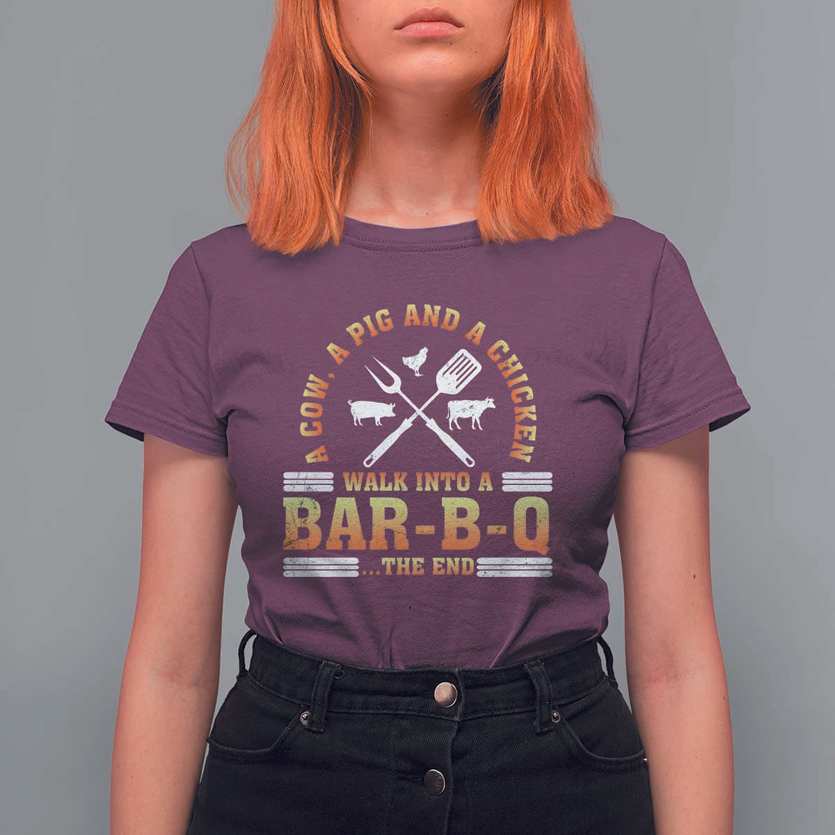 Funny BBQ Lover T Shirt For Women A Cow A Pig And A Chicken Walk Into A Bar B Q Barbecue Pitmaster - Wonder Print Shop