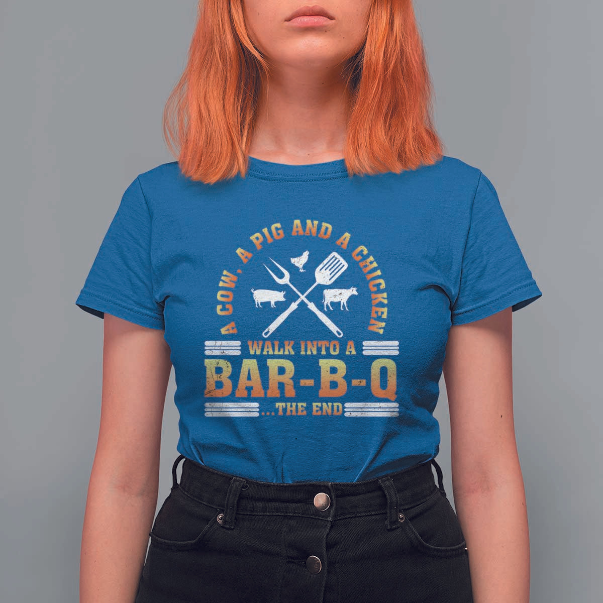 Funny BBQ Lover T Shirt For Women A Cow A Pig And A Chicken Walk Into A Bar B Q Barbecue Pitmaster - Wonder Print Shop