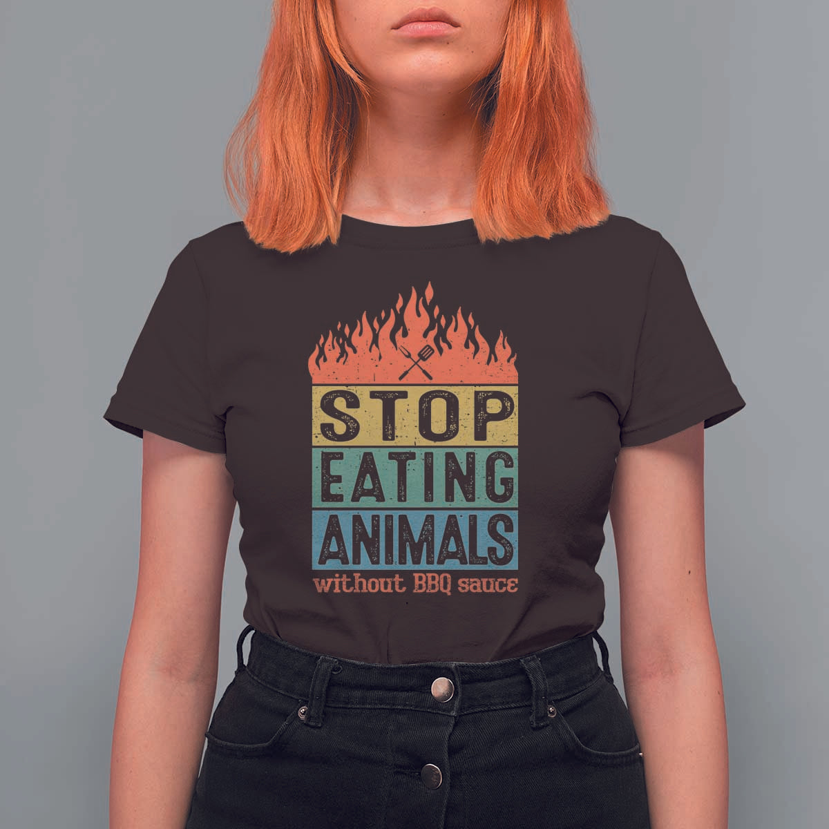 Funny BBQ Lover T Shirt For Women Stop Eating Animals Without BBQ Sauce Anti Vegan Jokes - Wonder Print Shop