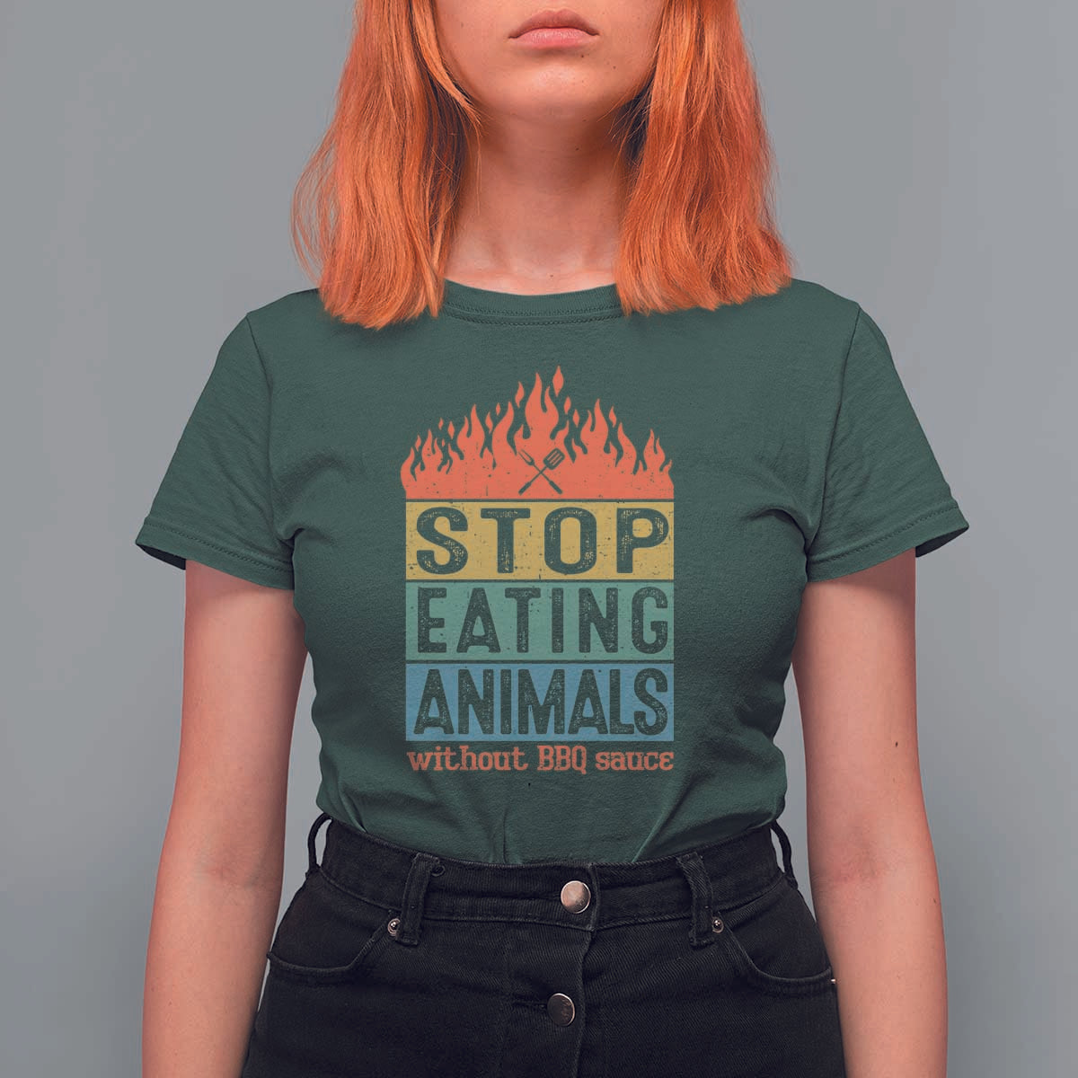 Funny BBQ Lover T Shirt For Women Stop Eating Animals Without BBQ Sauce Anti Vegan Jokes - Wonder Print Shop