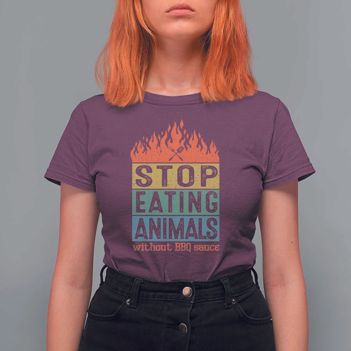 Funny BBQ Lover T Shirt For Women Stop Eating Animals Without BBQ Sauce Anti Vegan Jokes - Wonder Print Shop
