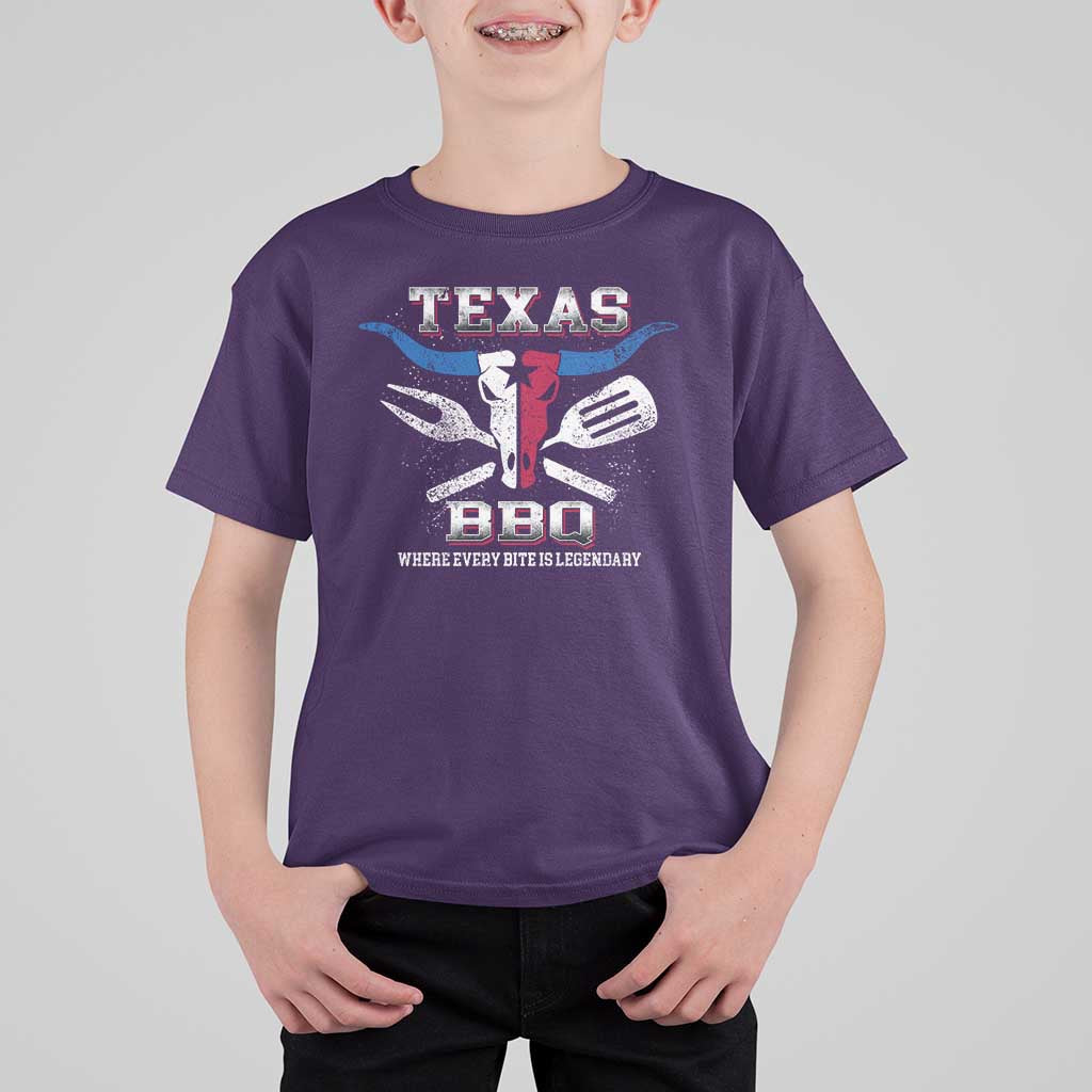 Texas BBQ Lover T Shirt For Kid Where Every Bite Is Legendary Texan Flag