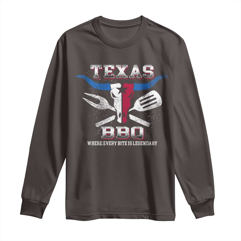 Texas BBQ Lover Long Sleeve Shirt Where Every Bite Is Legendary Texan Flag