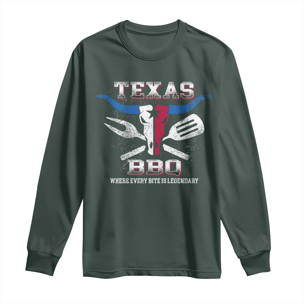 Texas BBQ Lover Long Sleeve Shirt Where Every Bite Is Legendary Texan Flag