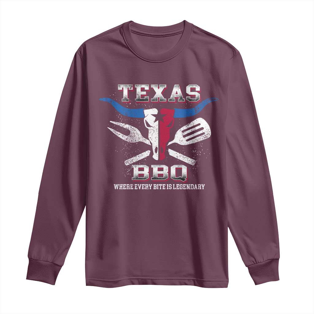 Texas BBQ Lover Long Sleeve Shirt Where Every Bite Is Legendary Texan Flag