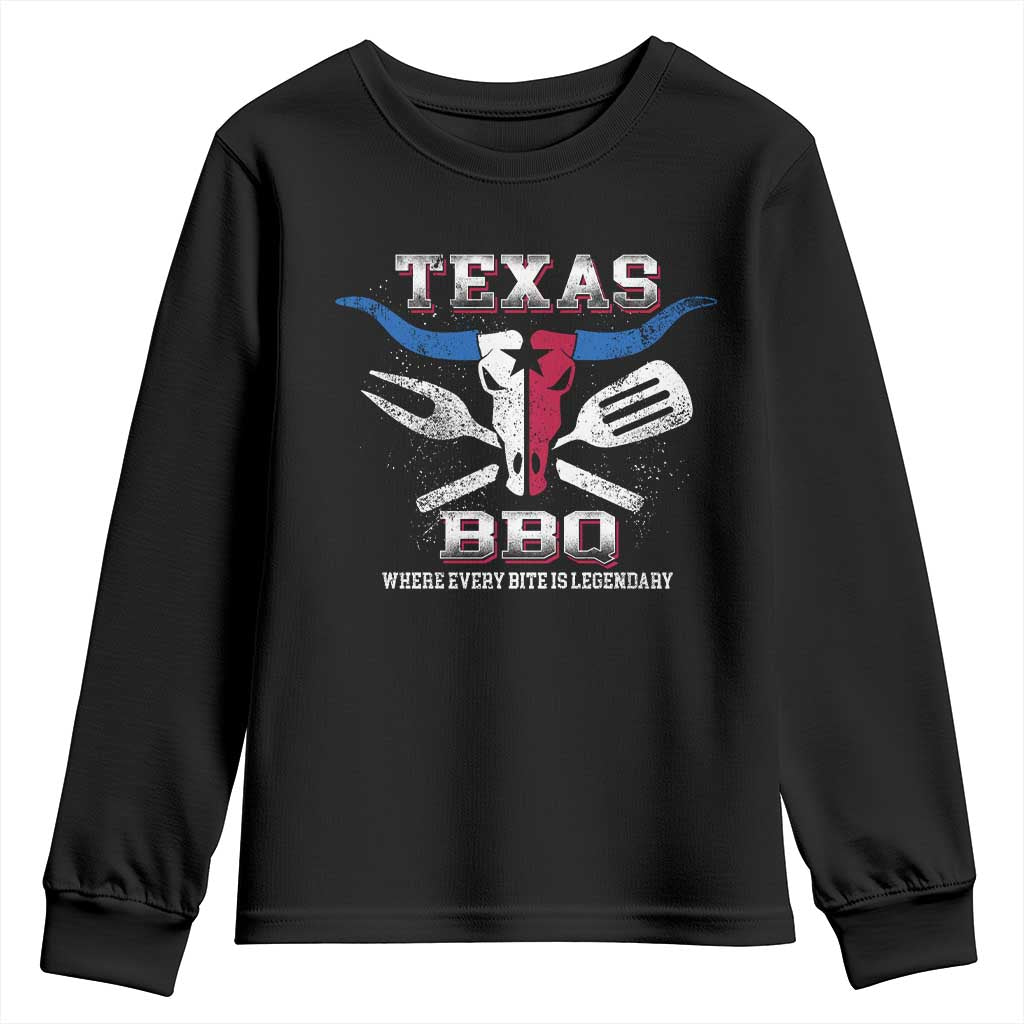 Texas BBQ Lover Youth Sweatshirt Where Every Bite Is Legendary Texan Flag