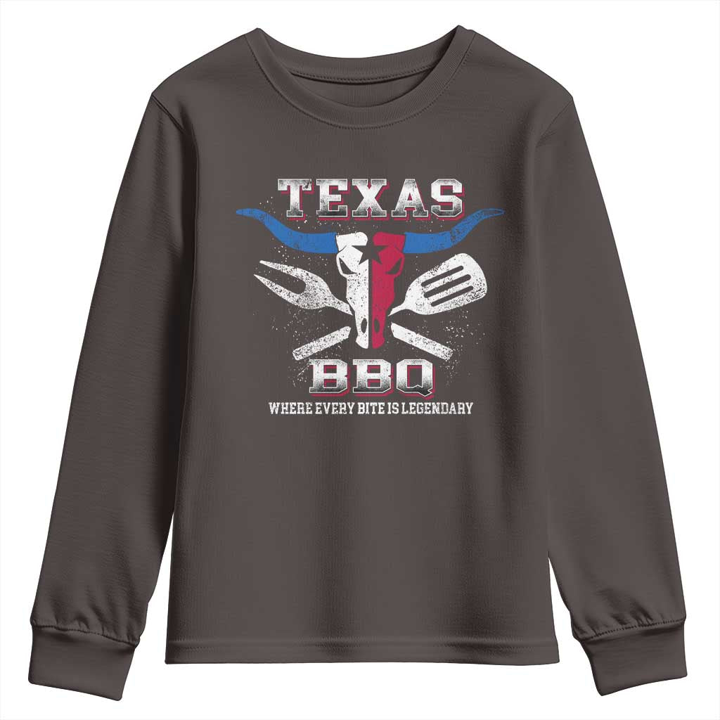 Texas BBQ Lover Youth Sweatshirt Where Every Bite Is Legendary Texan Flag