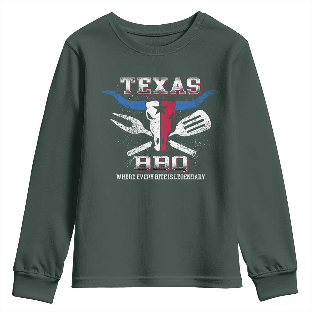 Texas BBQ Lover Youth Sweatshirt Where Every Bite Is Legendary Texan Flag