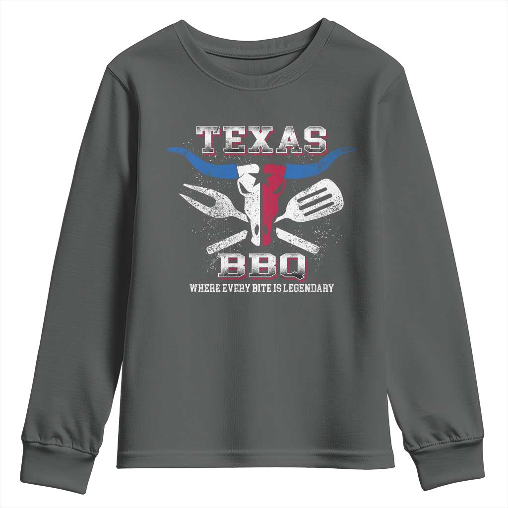 Texas BBQ Lover Youth Sweatshirt Where Every Bite Is Legendary Texan Flag