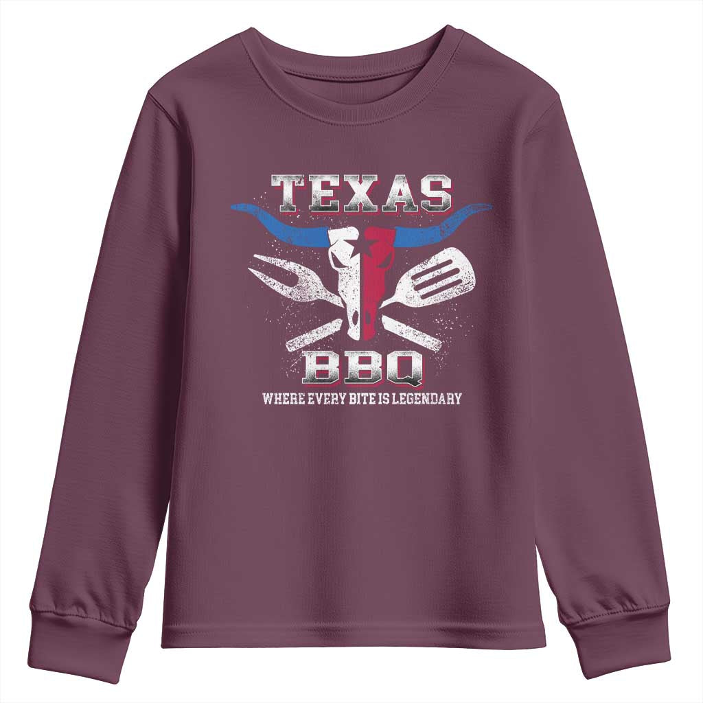 Texas BBQ Lover Youth Sweatshirt Where Every Bite Is Legendary Texan Flag