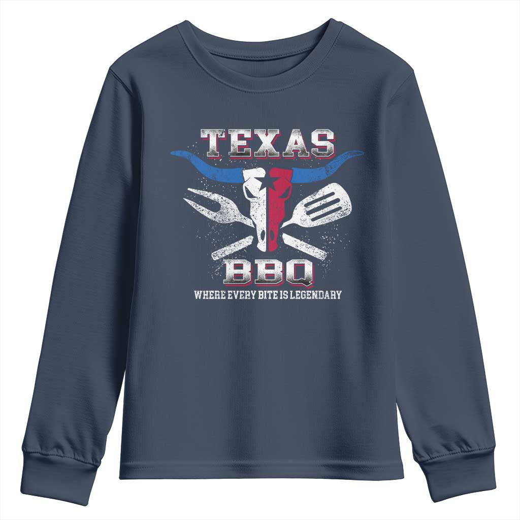 Texas BBQ Lover Youth Sweatshirt Where Every Bite Is Legendary Texan Flag