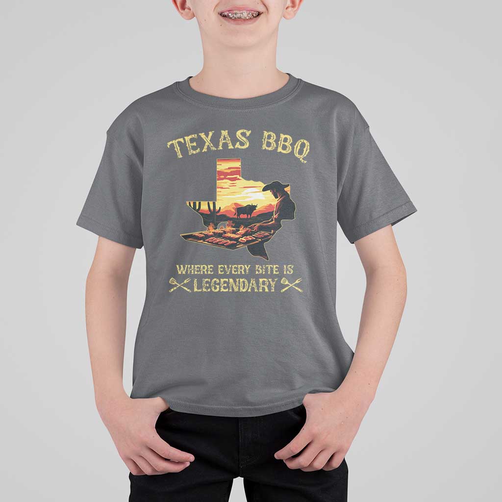 Texas BBQ Lover T Shirt For Kid Where Every Bite Is Legendary Cowboy Grilling Pitmaster
