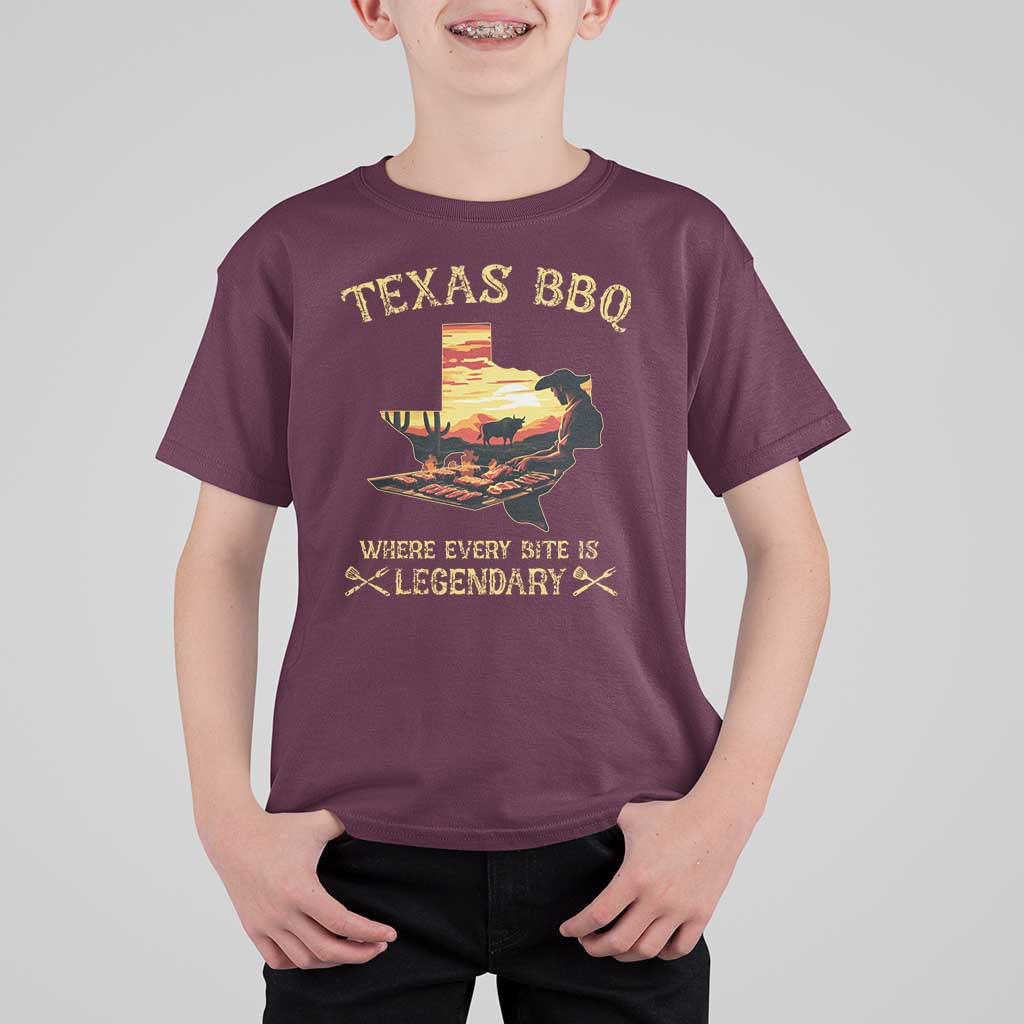 Texas BBQ Lover T Shirt For Kid Where Every Bite Is Legendary Cowboy Grilling Pitmaster