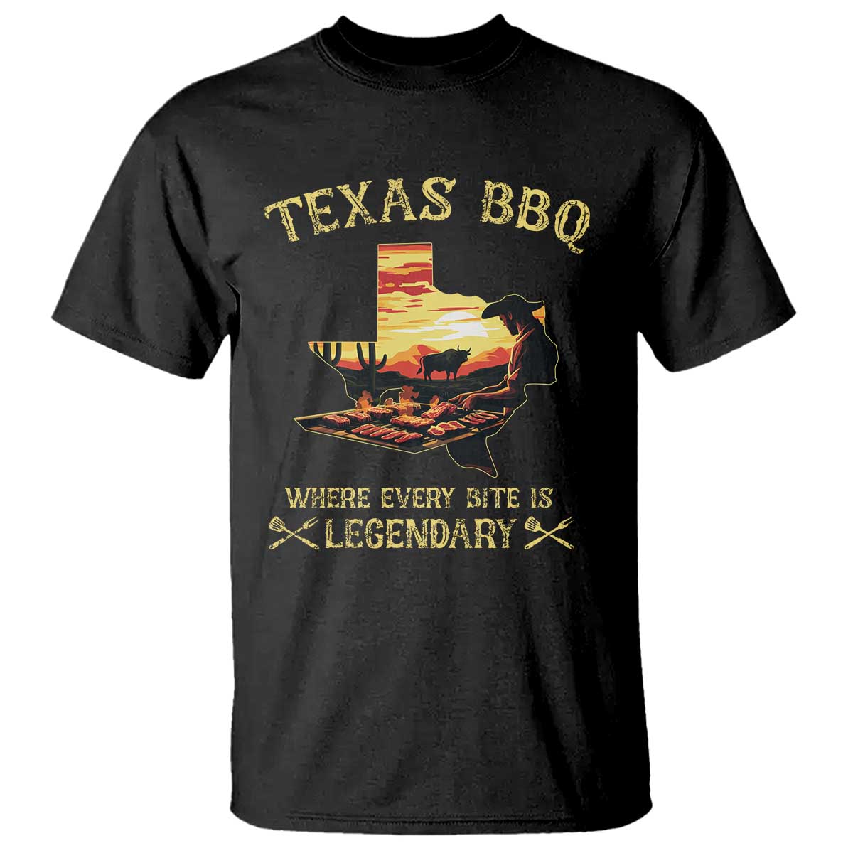 Texas BBQ Lover T Shirt Where Every Bite Is Legendary Cowboy Grilling Pitmaster - Wonder Print Shop