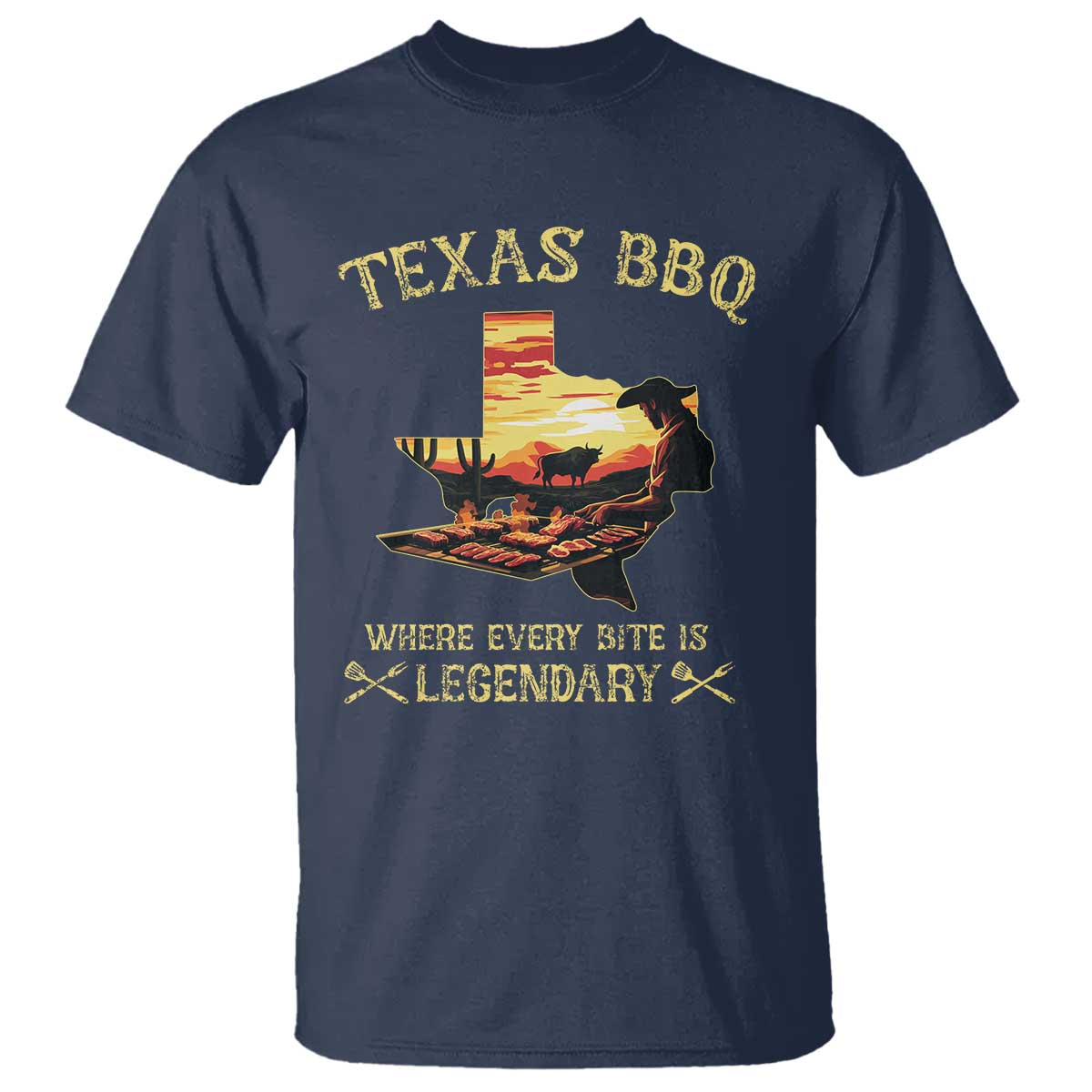 Texas BBQ Lover T Shirt Where Every Bite Is Legendary Cowboy Grilling Pitmaster - Wonder Print Shop