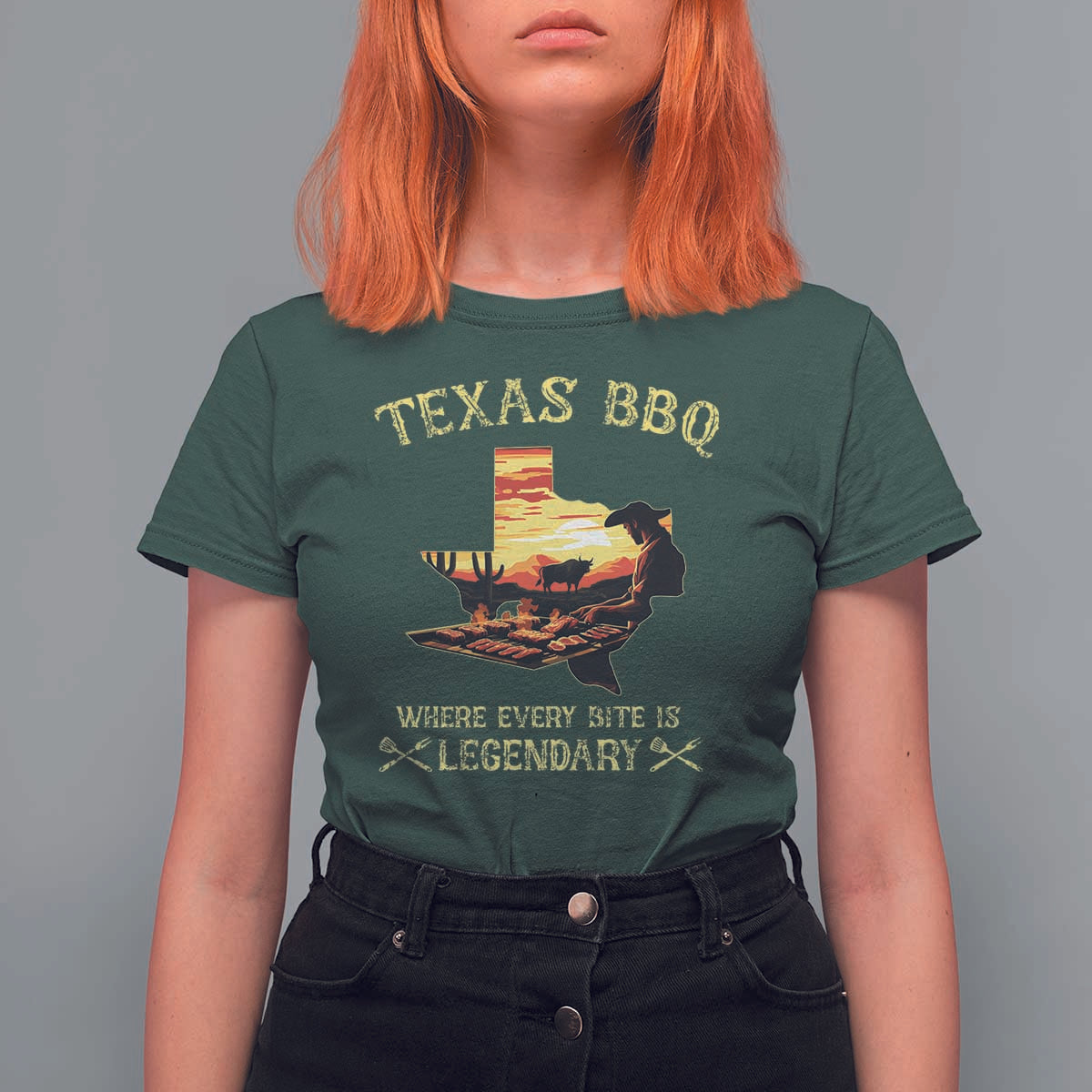 Texas BBQ Lover T Shirt For Women Where Every Bite Is Legendary Cowboy Grilling Pitmaster - Wonder Print Shop