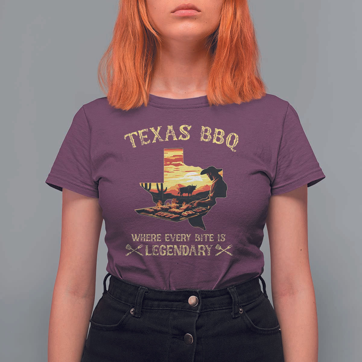 Texas BBQ Lover T Shirt For Women Where Every Bite Is Legendary Cowboy Grilling Pitmaster - Wonder Print Shop