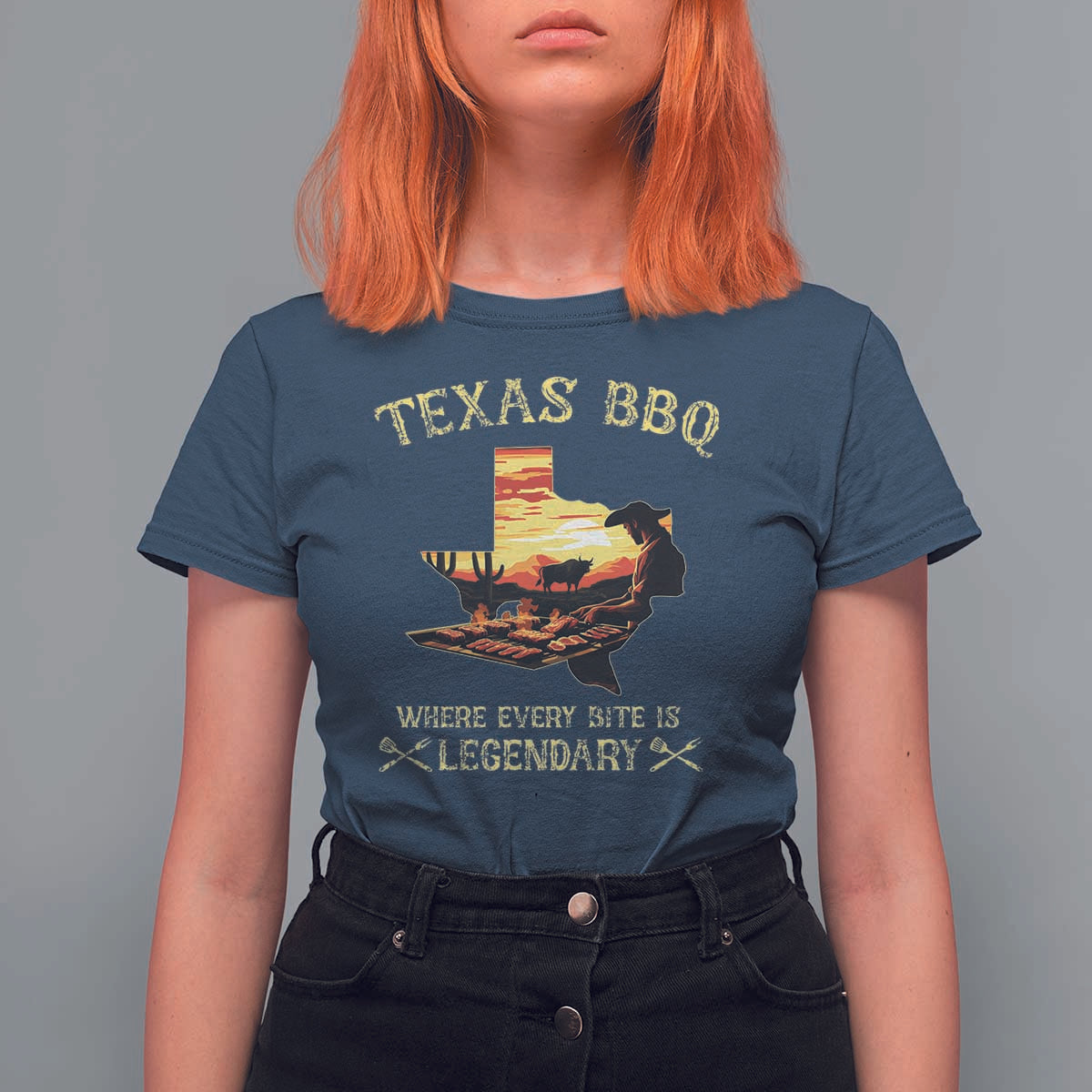 Texas BBQ Lover T Shirt For Women Where Every Bite Is Legendary Cowboy Grilling Pitmaster - Wonder Print Shop