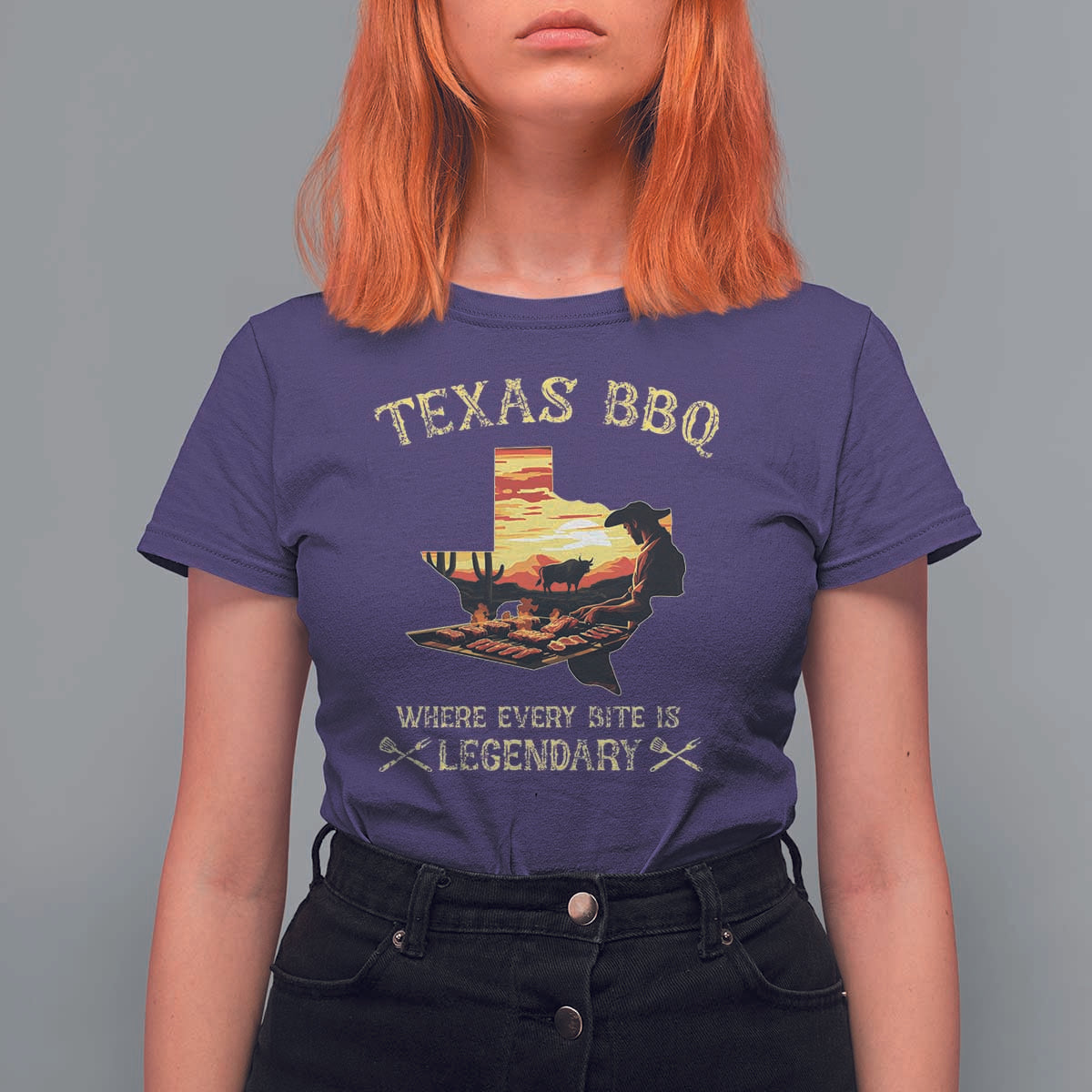 Texas BBQ Lover T Shirt For Women Where Every Bite Is Legendary Cowboy Grilling Pitmaster - Wonder Print Shop