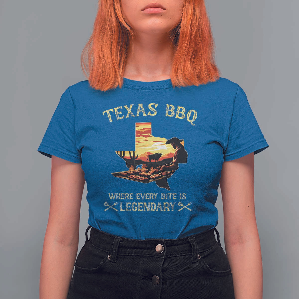 Texas BBQ Lover T Shirt For Women Where Every Bite Is Legendary Cowboy Grilling Pitmaster - Wonder Print Shop