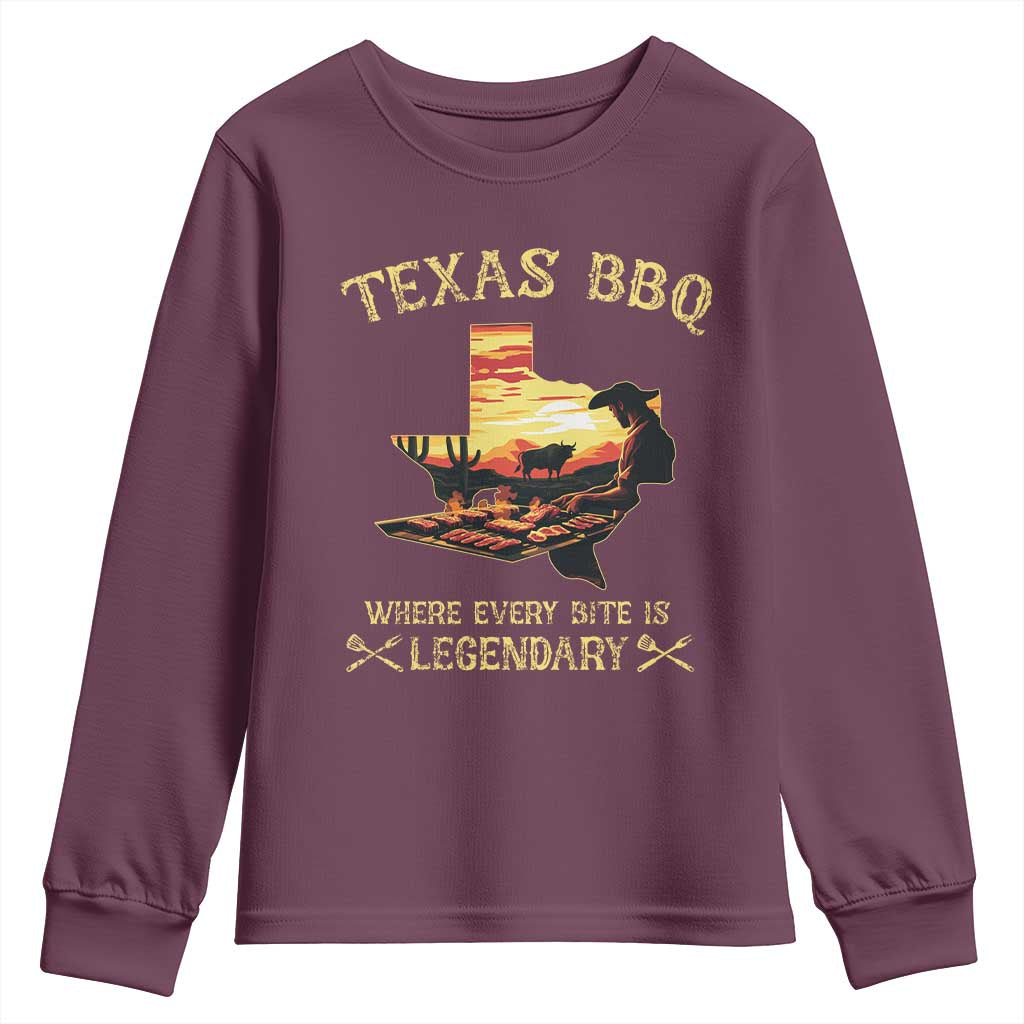 Texas BBQ Lover Youth Sweatshirt Where Every Bite Is Legendary Cowboy Grilling Pitmaster