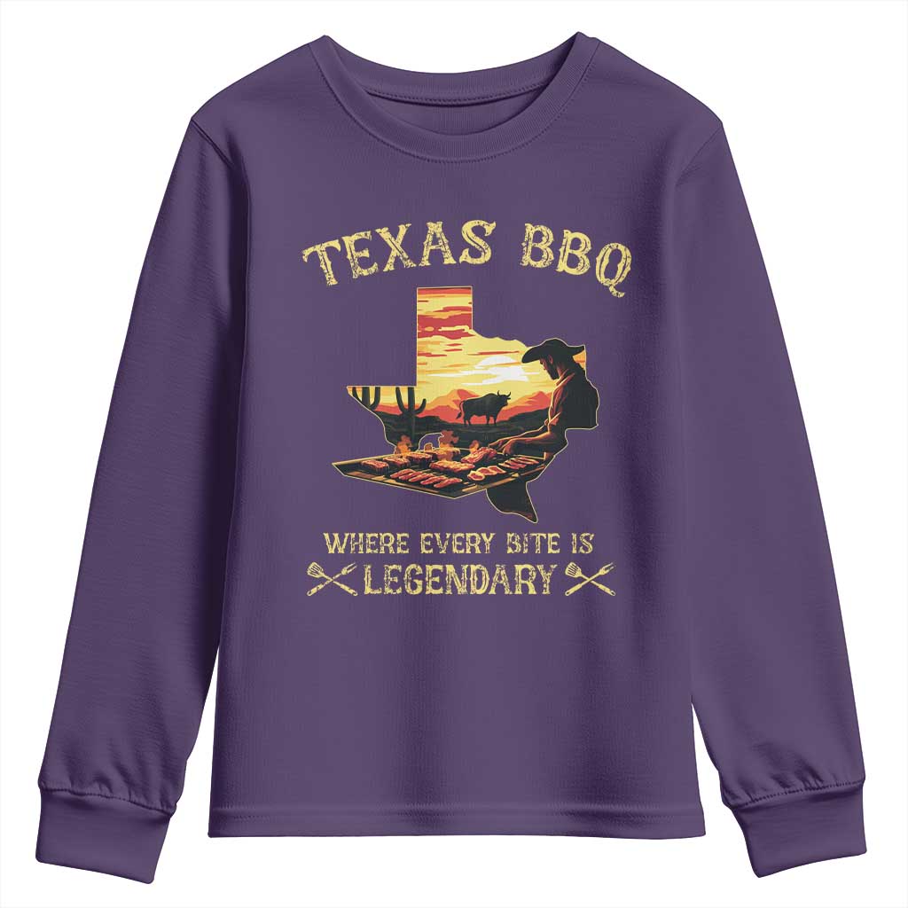 Texas BBQ Lover Youth Sweatshirt Where Every Bite Is Legendary Cowboy Grilling Pitmaster
