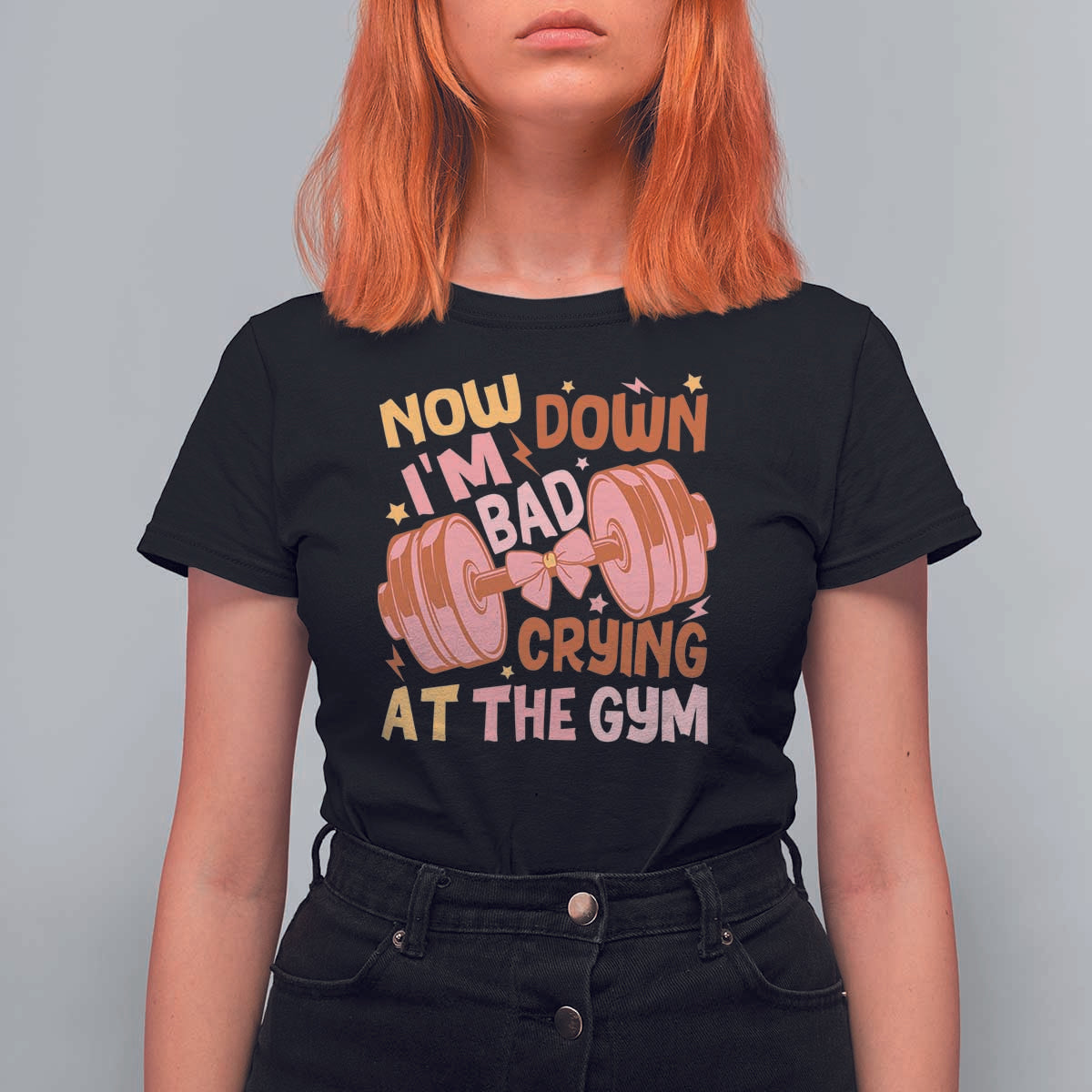 Gymer T Shirt For Women Down Bad Crying At The Gym Groovy Bow Coquette - Wonder Print Shop