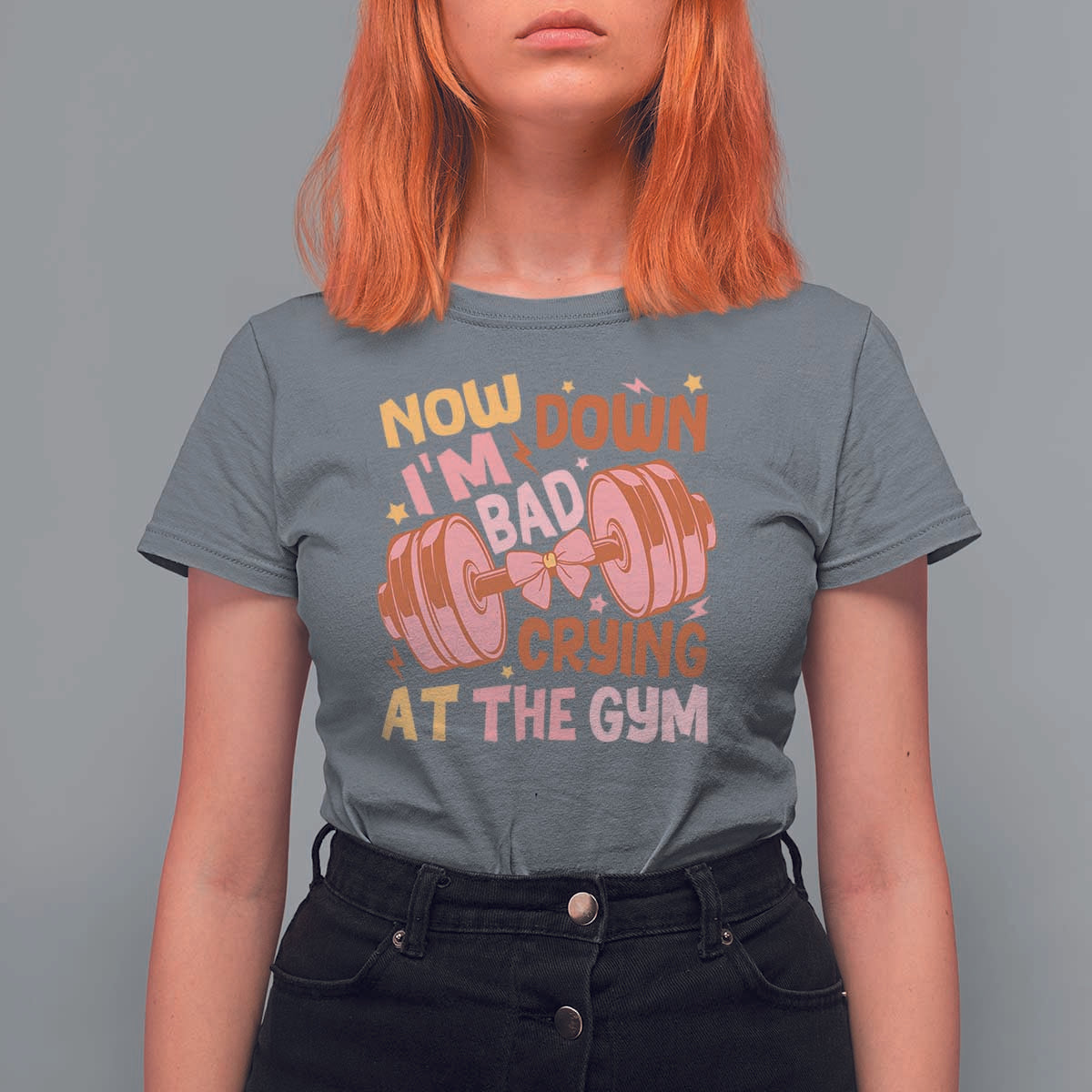 Gymer T Shirt For Women Down Bad Crying At The Gym Groovy Bow Coquette - Wonder Print Shop