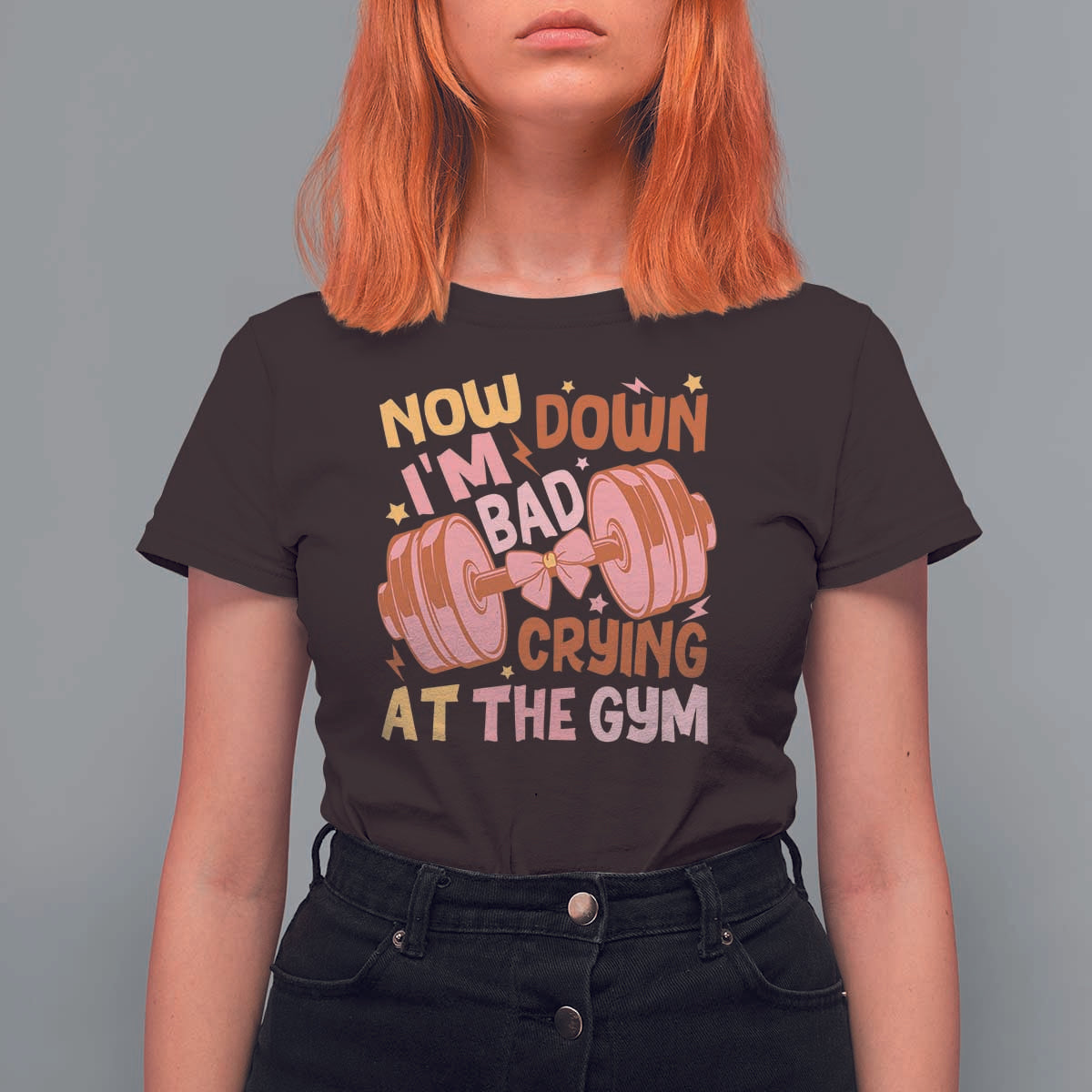 Gymer T Shirt For Women Down Bad Crying At The Gym Groovy Bow Coquette - Wonder Print Shop