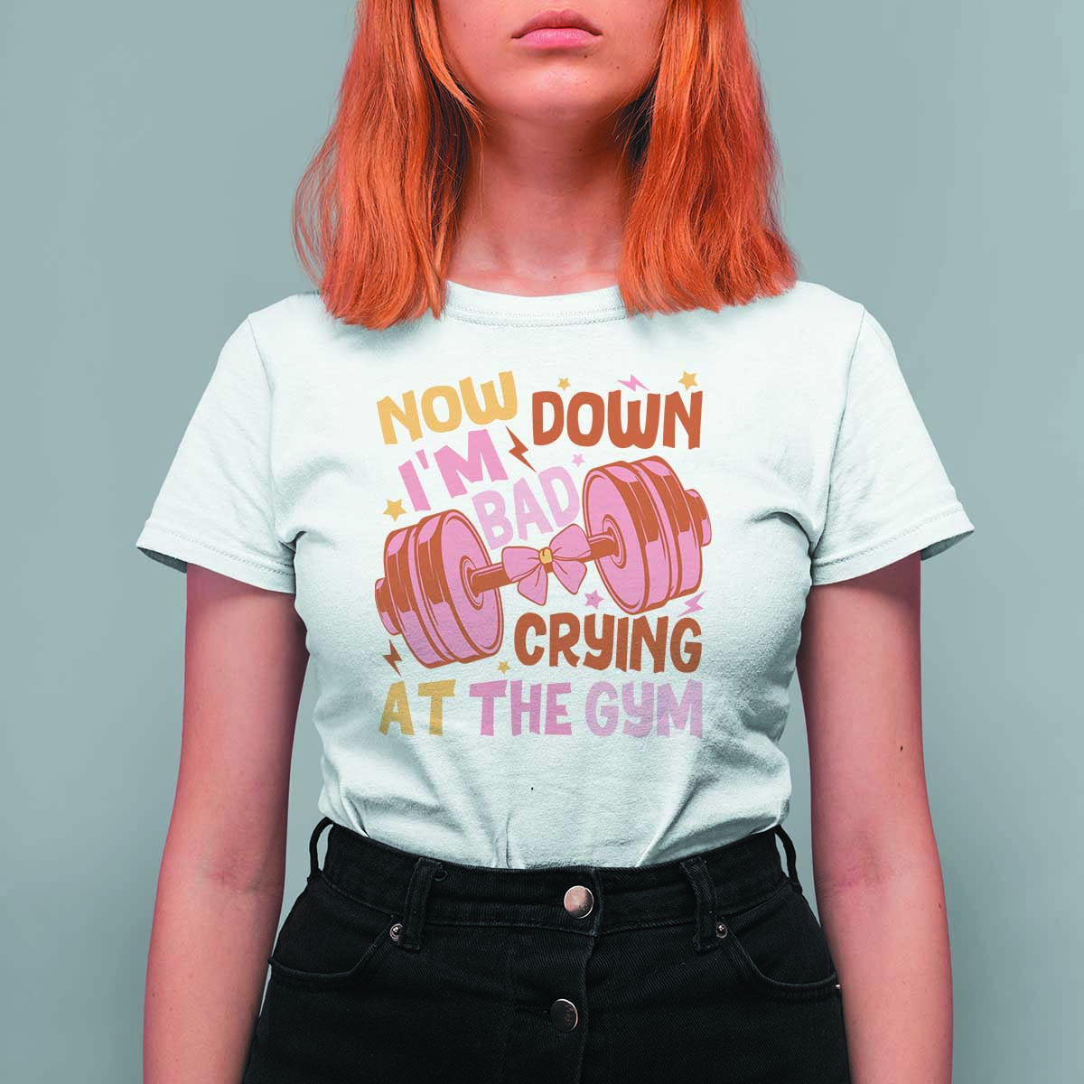 Gymer T Shirt For Women Down Bad Crying At The Gym Groovy Bow Coquette - Wonder Print Shop