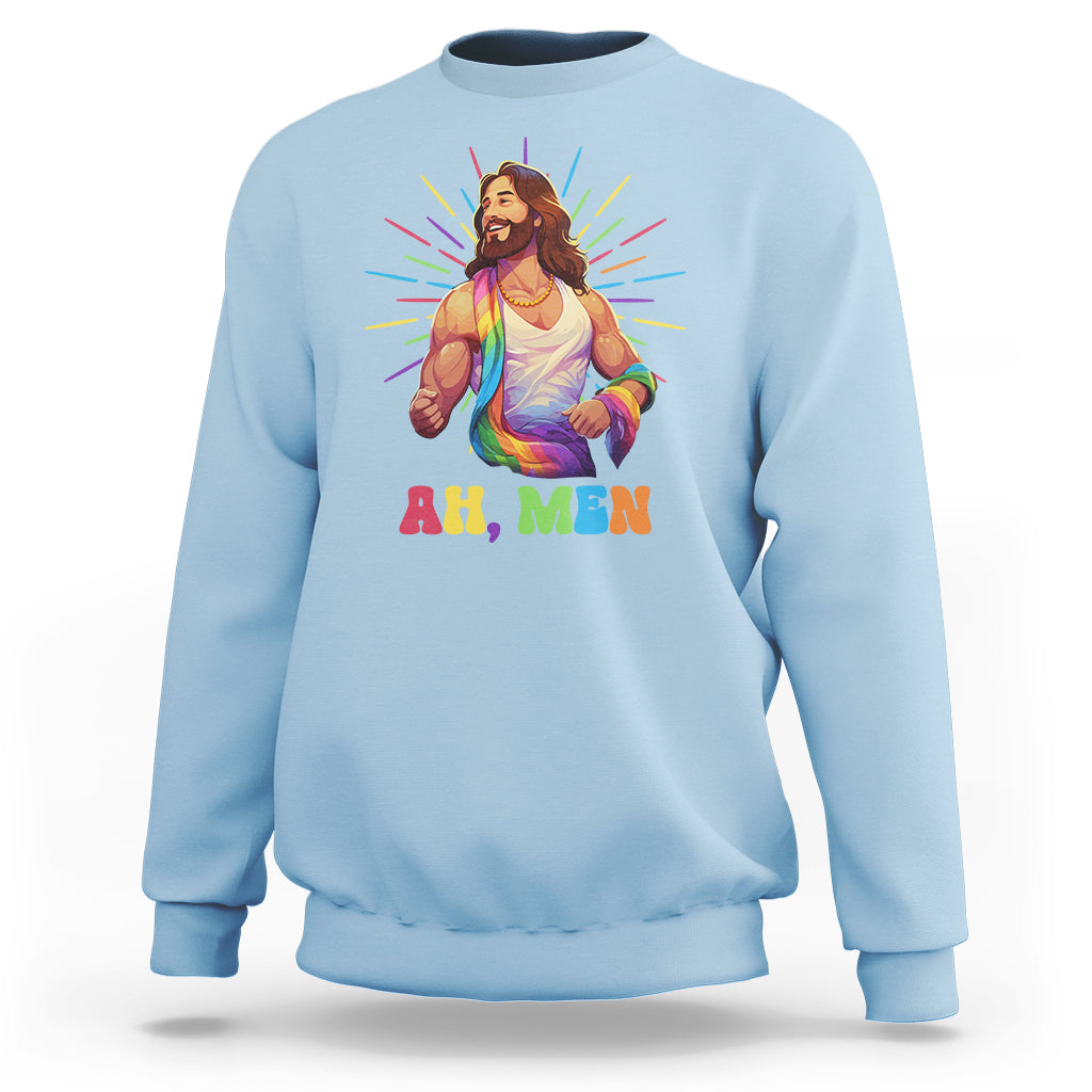 Ah Men Funny LGBT Gay Pride Jesus Rainbow Flag Christian Sweatshirt - Wonder Print Shop