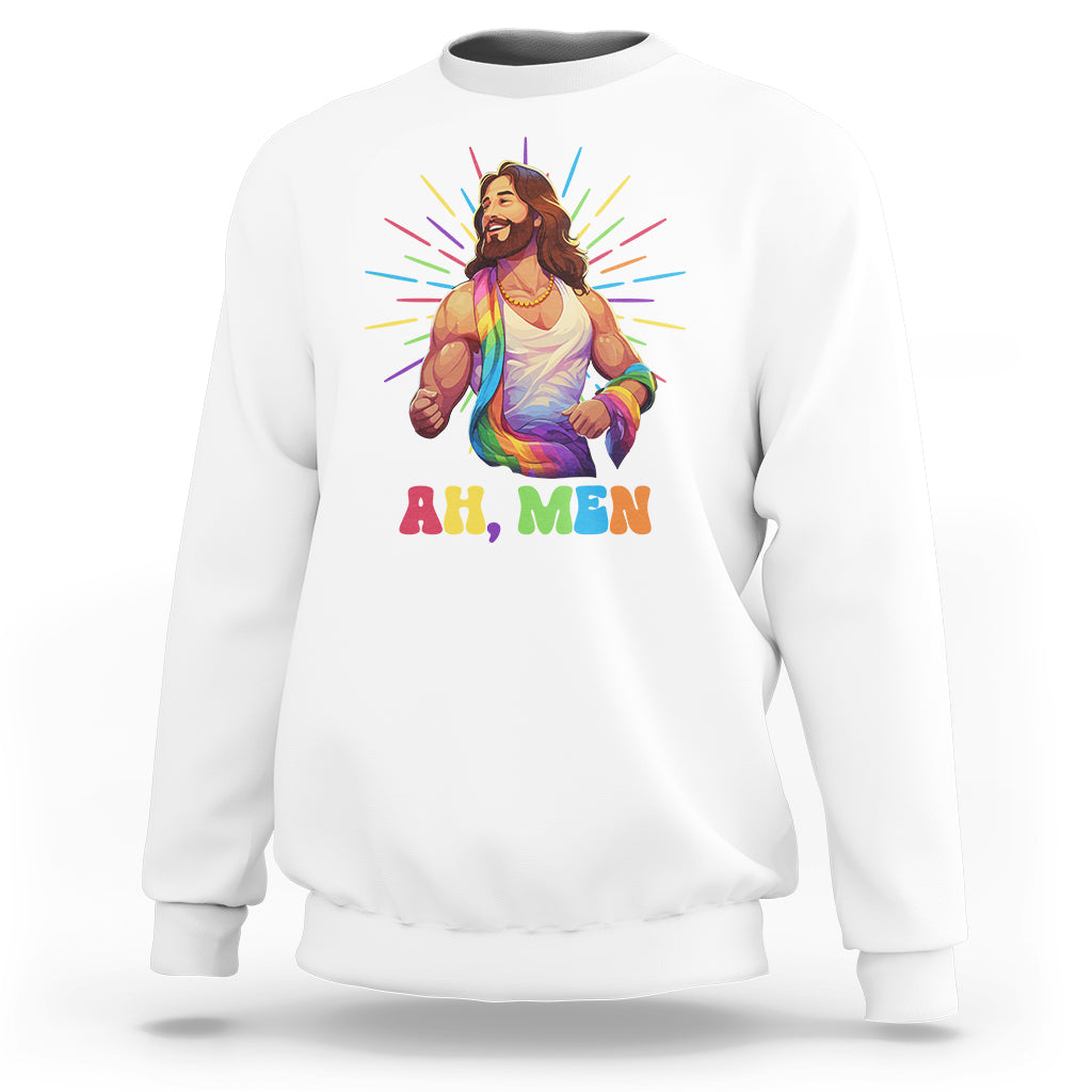 Ah Men Funny LGBT Gay Pride Jesus Rainbow Flag Christian Sweatshirt - Wonder Print Shop
