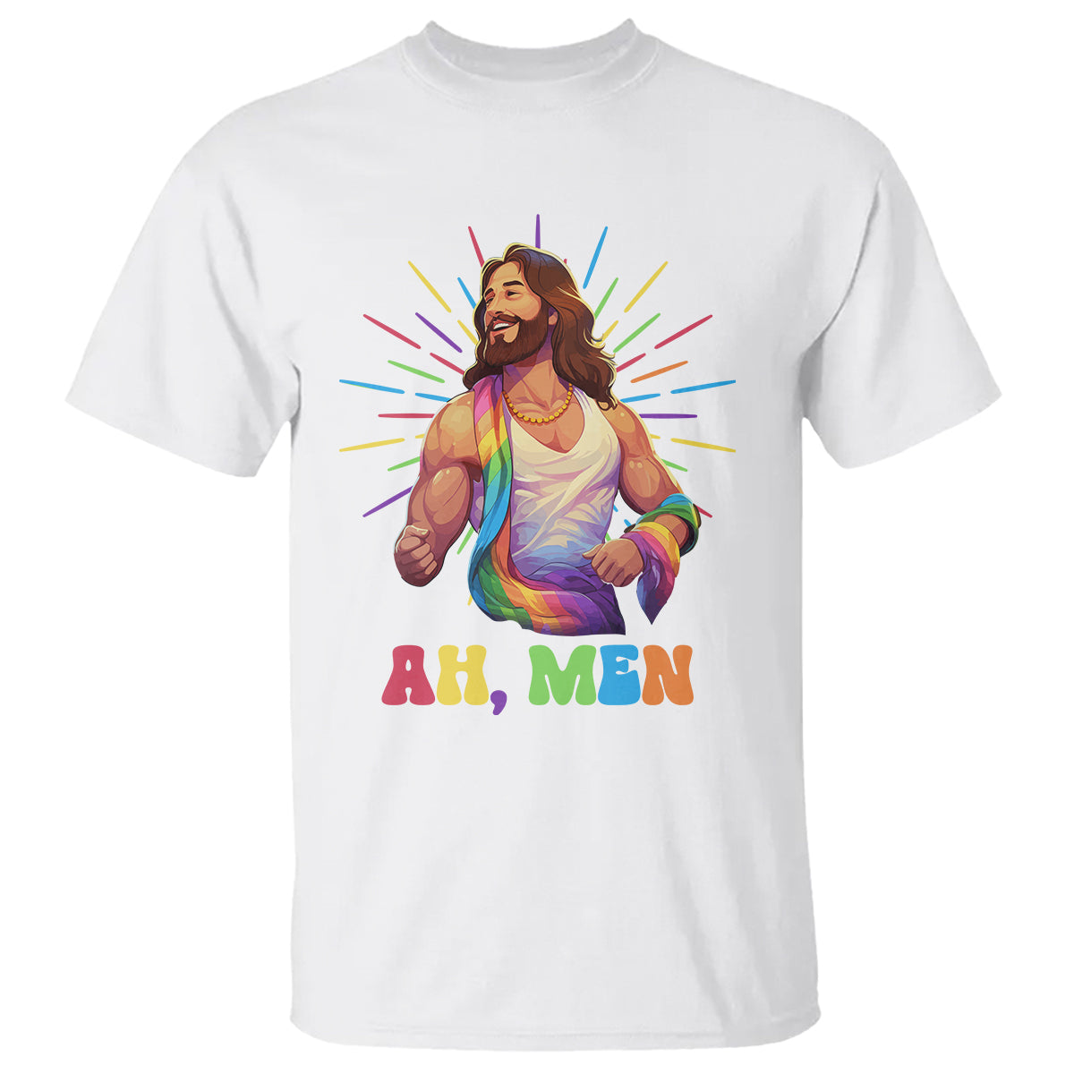 Ah Men Funny LGBT Gay Pride Jesus Rainbow Flag Christian T Shirt - Wonder Print Shop