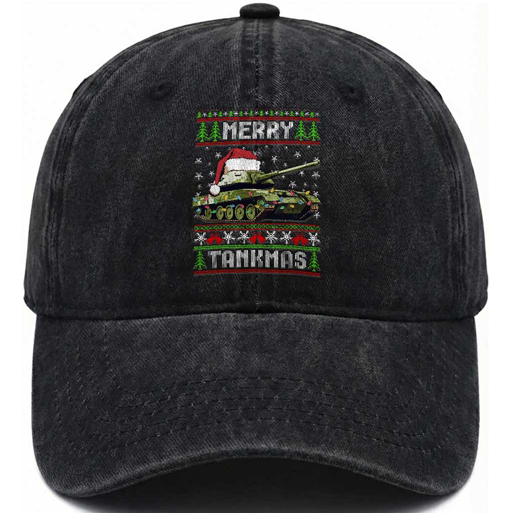 Funny Christmas Veteran Washed Cotton Baseball Cap Merry Tankmas Tank Military Army