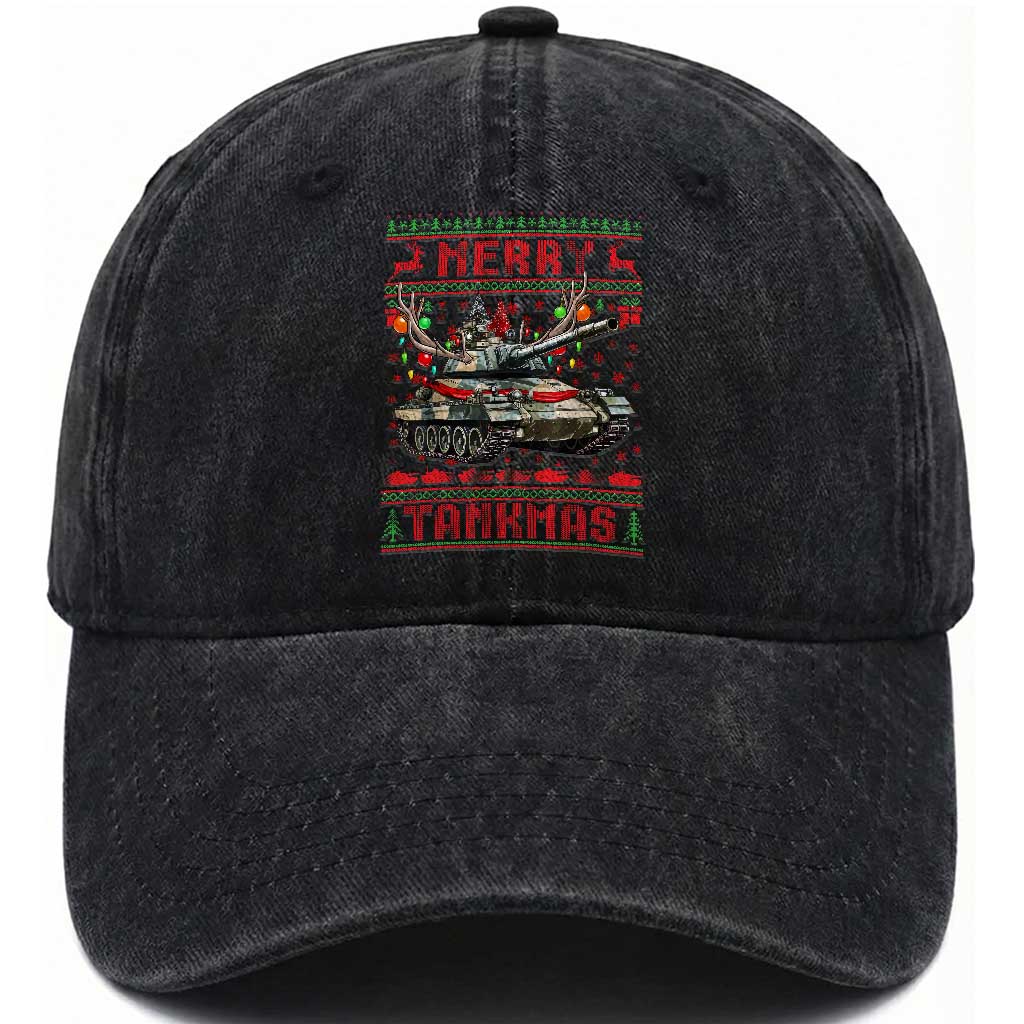 Funny Christmas Military Washed Cotton Baseball Cap Merry Tankmas Tank Veteran Army