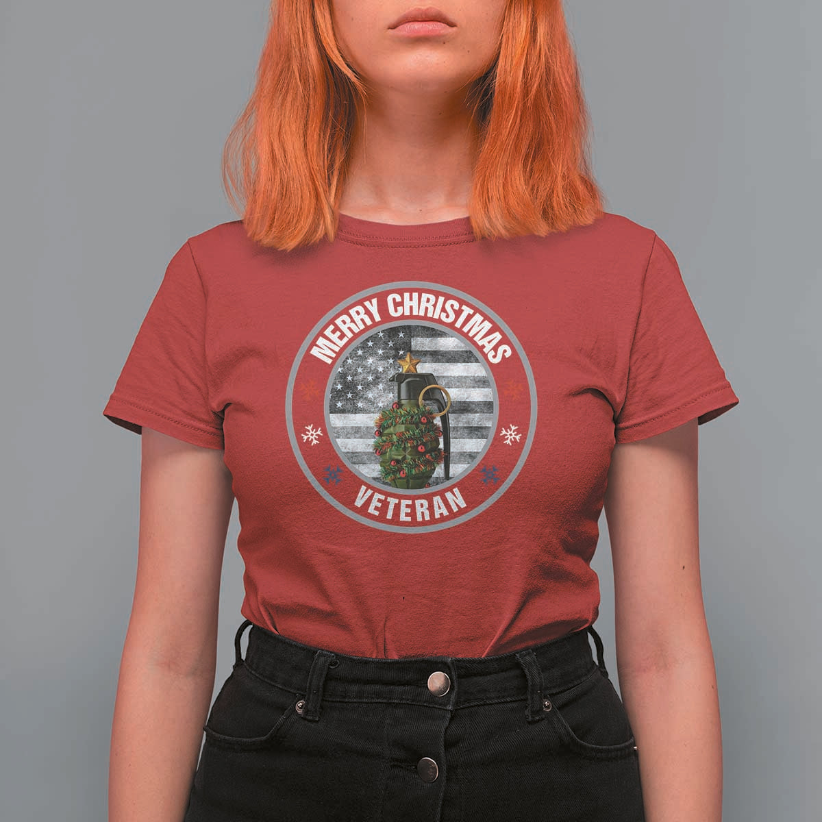 Merry Xmas Veteran T Shirt For Women Grenade Christmas Tree America Flag Patriotic - Wonder Print Shop