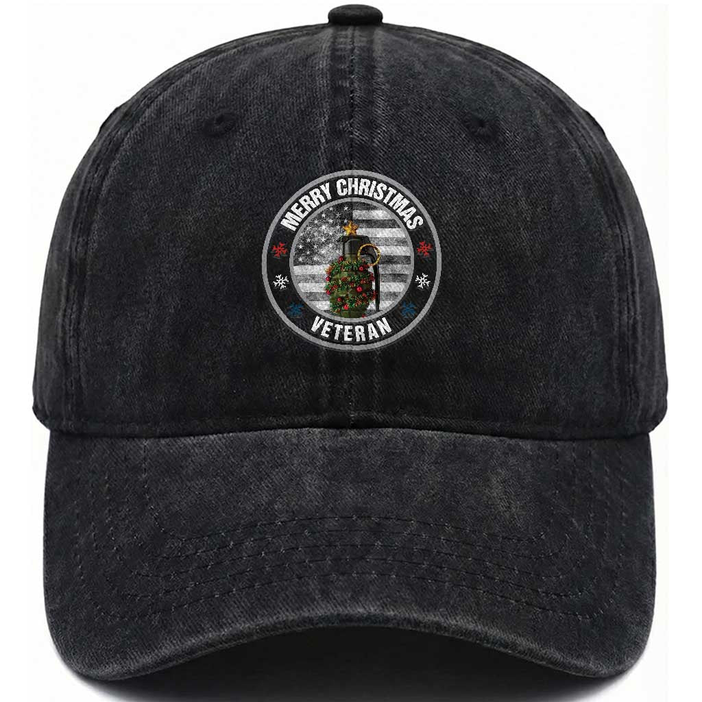 Merry Xmas Veteran Washed Cotton Baseball Cap Grenade Christmas Tree America Flag Patriotic
