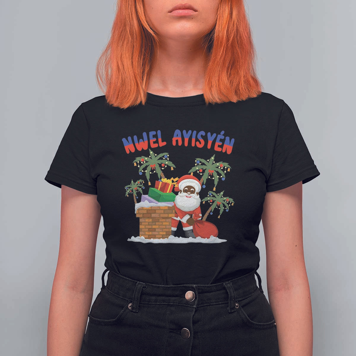 Funny Haitian Christmas T Shirt For Women Nwel Ayisen Creole Santa Palm Tree - Wonder Print Shop