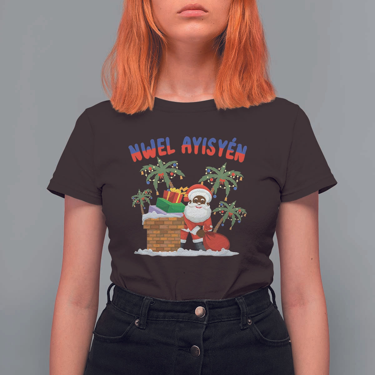 Funny Haitian Christmas T Shirt For Women Nwel Ayisen Creole Santa Palm Tree - Wonder Print Shop