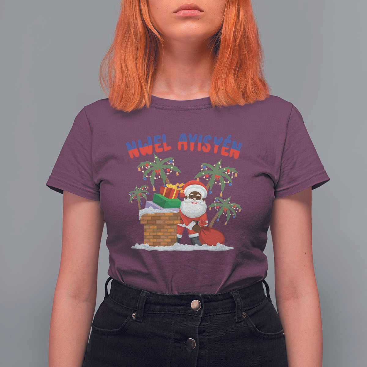 Funny Haitian Christmas T Shirt For Women Nwel Ayisen Creole Santa Palm Tree - Wonder Print Shop