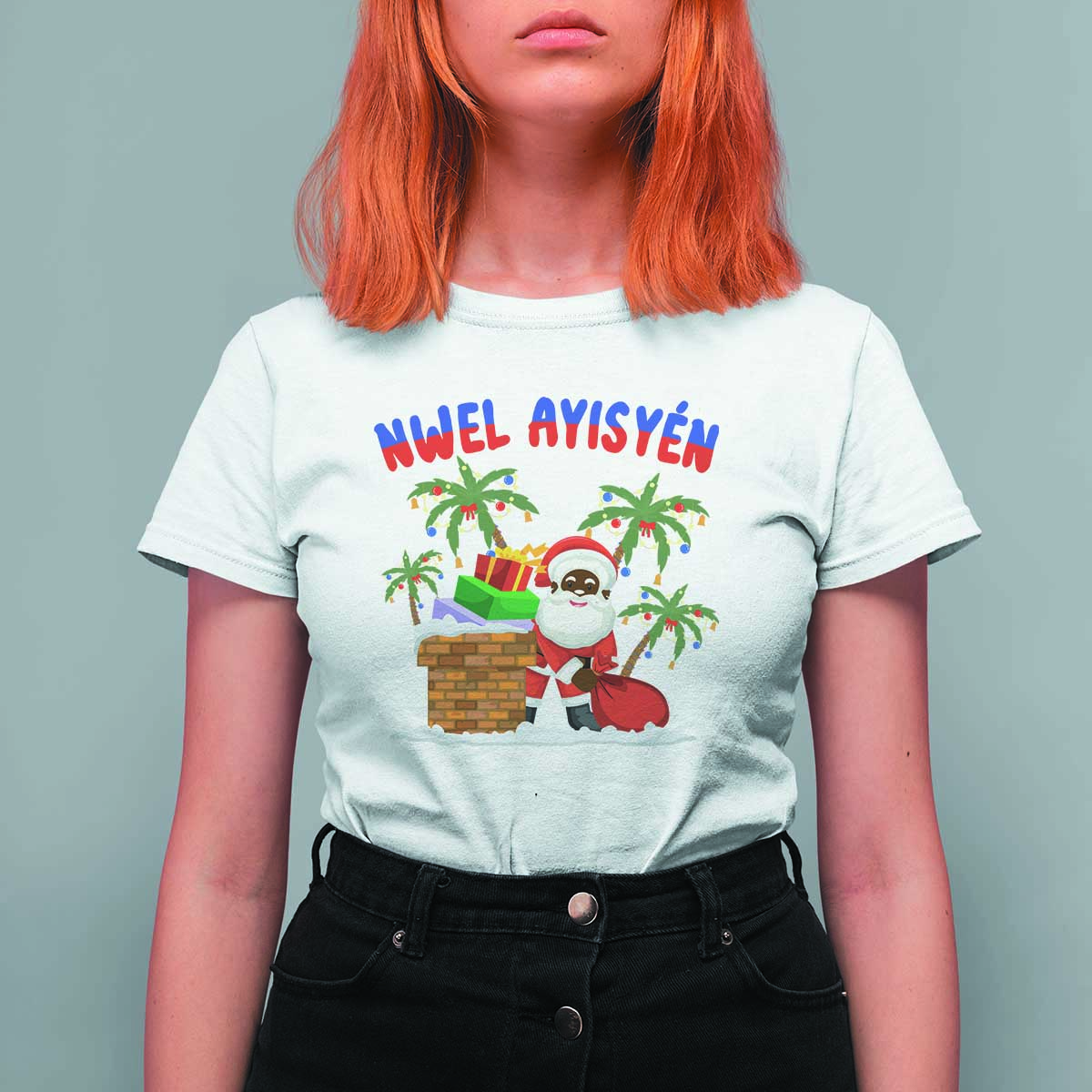 Funny Haitian Christmas T Shirt For Women Nwel Ayisen Creole Santa Palm Tree - Wonder Print Shop