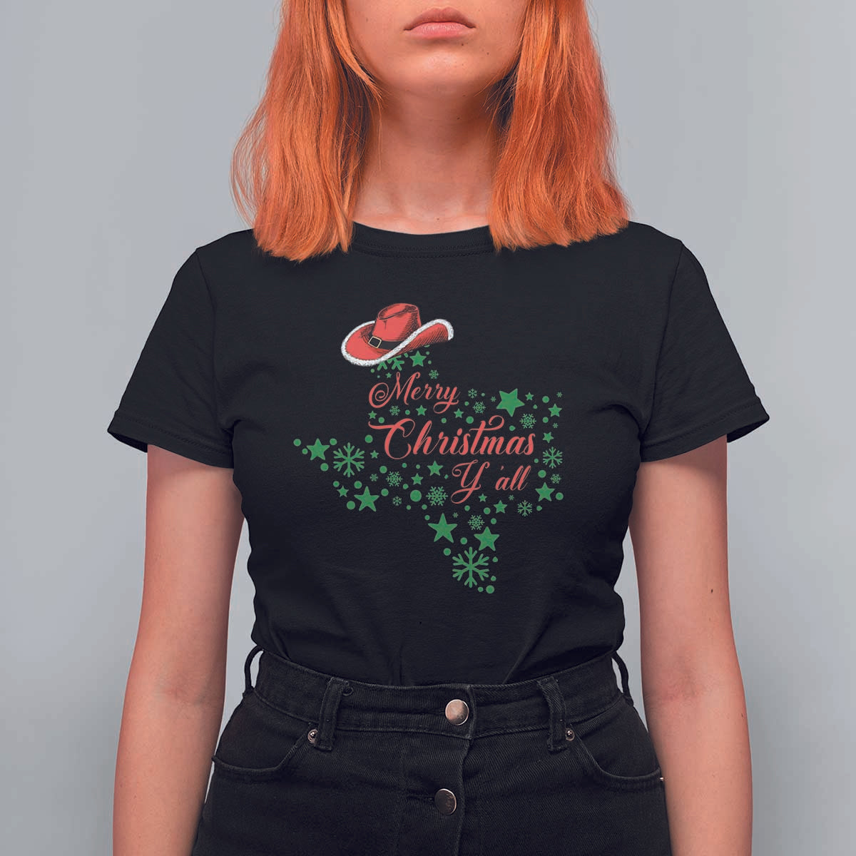Merry Christmas Y'All Texas Cowboy Santa Hat T Shirt For Women - Wonder Print Shop
