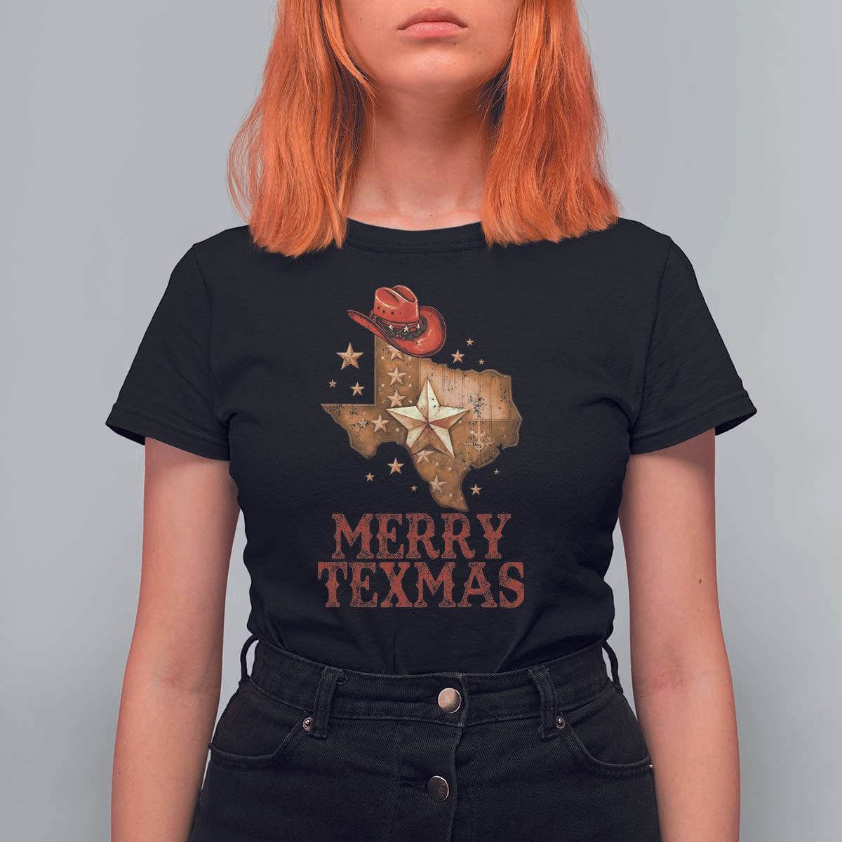 Christmas In Texas T Shirt For Women Merry Texmas Santa Cowboy Hat - Wonder Print Shop