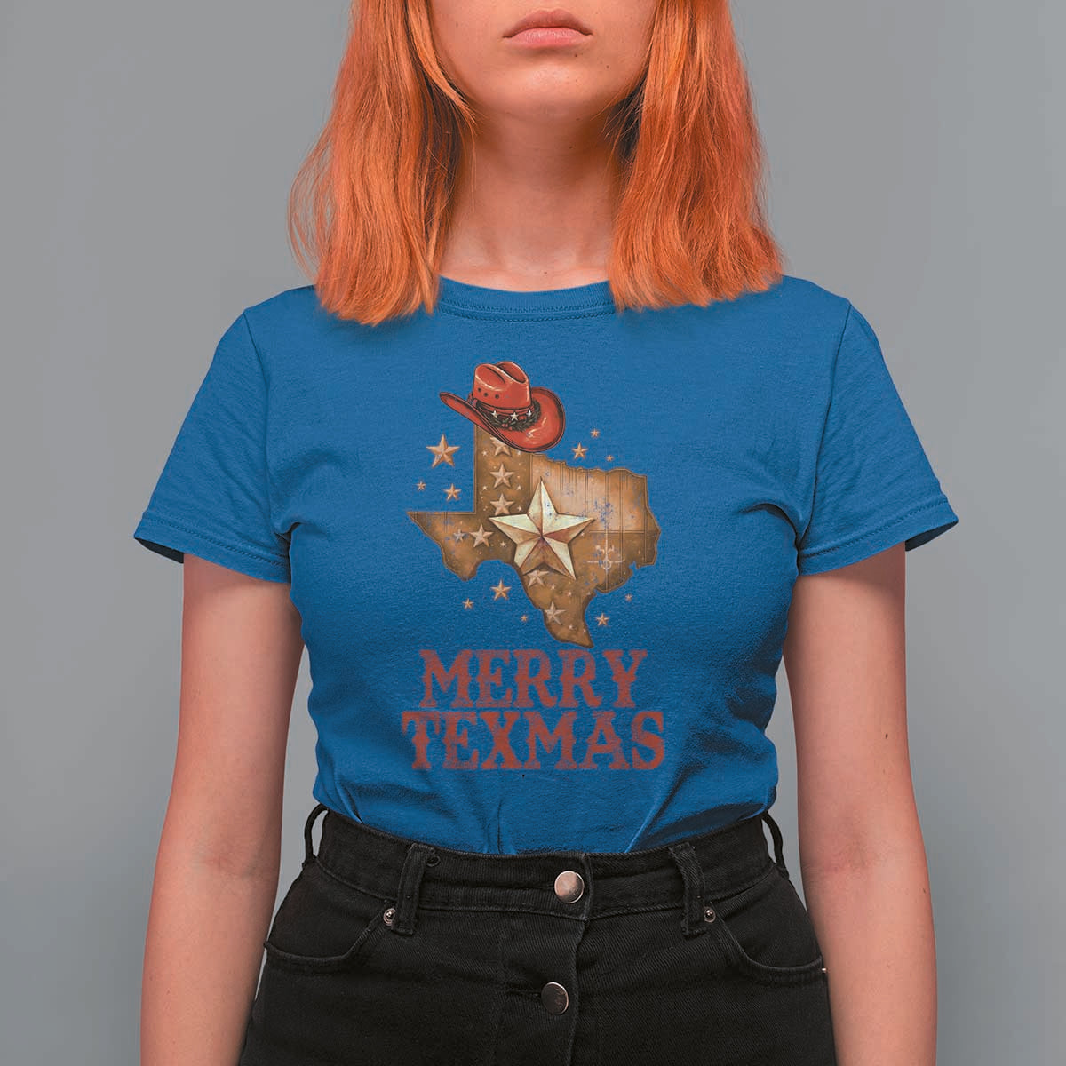 Christmas In Texas T Shirt For Women Merry Texmas Santa Cowboy Hat - Wonder Print Shop