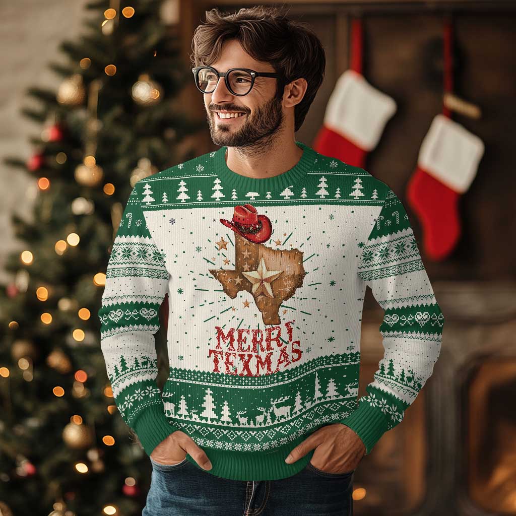 Xmas In Texas Ugly Christmas Sweater Merry Texmas Santa Cowboy Hat - Wonder Print Shop