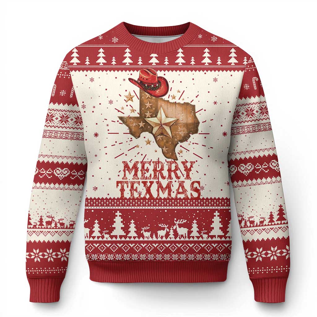 Xmas In Texas Ugly Christmas Sweater Merry Texmas Santa Cowboy Hat - Wonder Print Shop