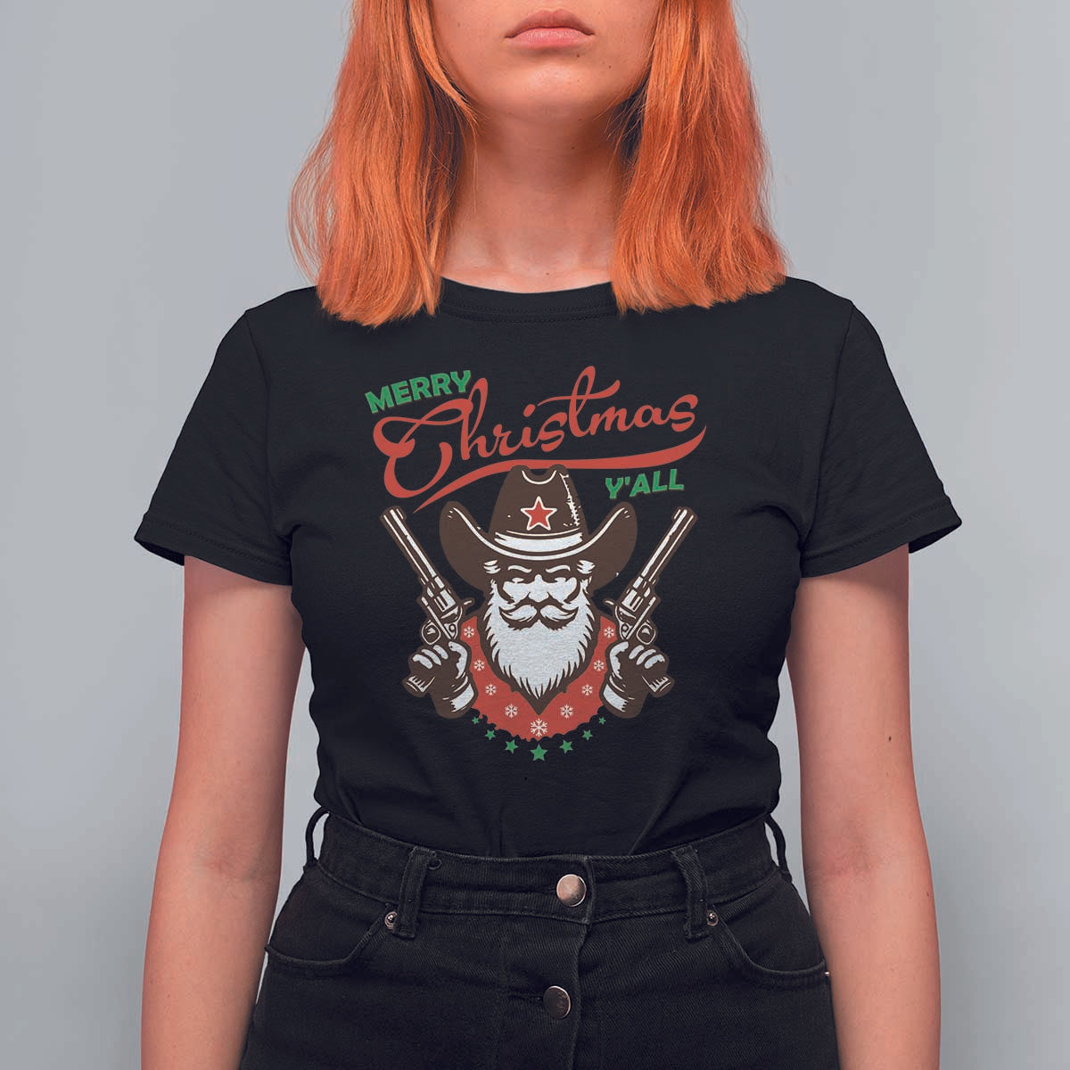 Merry Christmas Y'All Texas Cowboy Santa T Shirt For Women - Wonder Print Shop