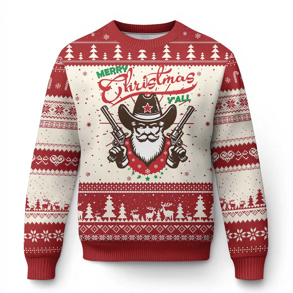 Merry Christmas Y'All Texas Cowboy Santa Ugly Christmas Sweater - Wonder Print Shop